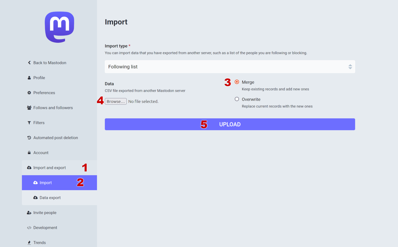 A screenshot of the Mastodon import view in the preferences. The buttons that need to be clicked in the import process are numbered in red.