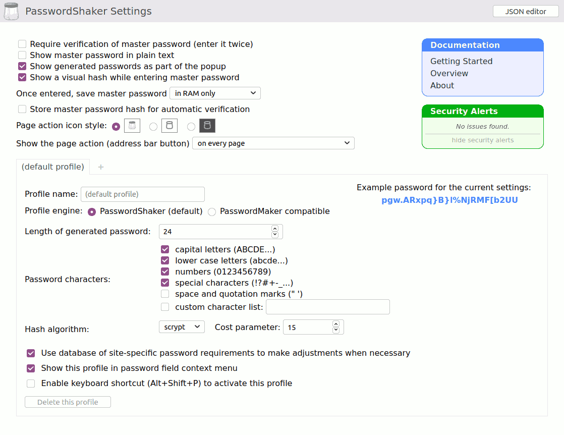 The full PasswordShaker settings screen showing a multitude of options and links to documentation